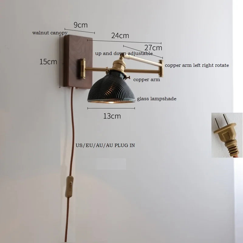 DecorBites™ Clear Glass Copper LED Wall Light with Pull Chain Switch & Walnut Wood Canopy
