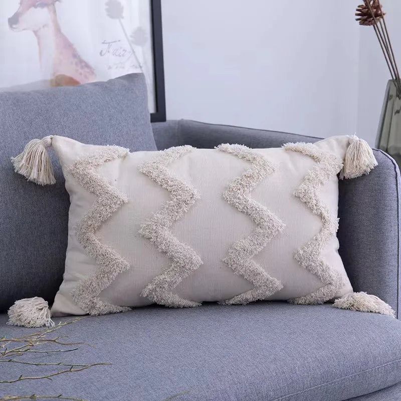 DecorBites™ Geometric Waves Tufted Pillow Covers with Embroidered Tassels