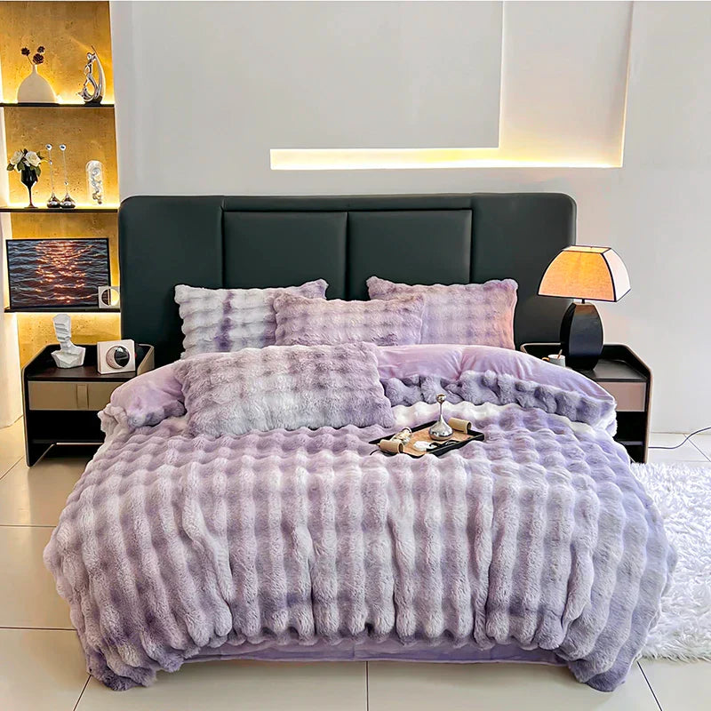 DecorBites™ Gradient Gray Faux Rabbit Fur Velvet Bedding Set: Duvet Cover, Bedsheet, Pillowcase