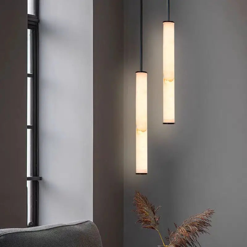 Cylindrical Marble Pendant Light in Black Brass