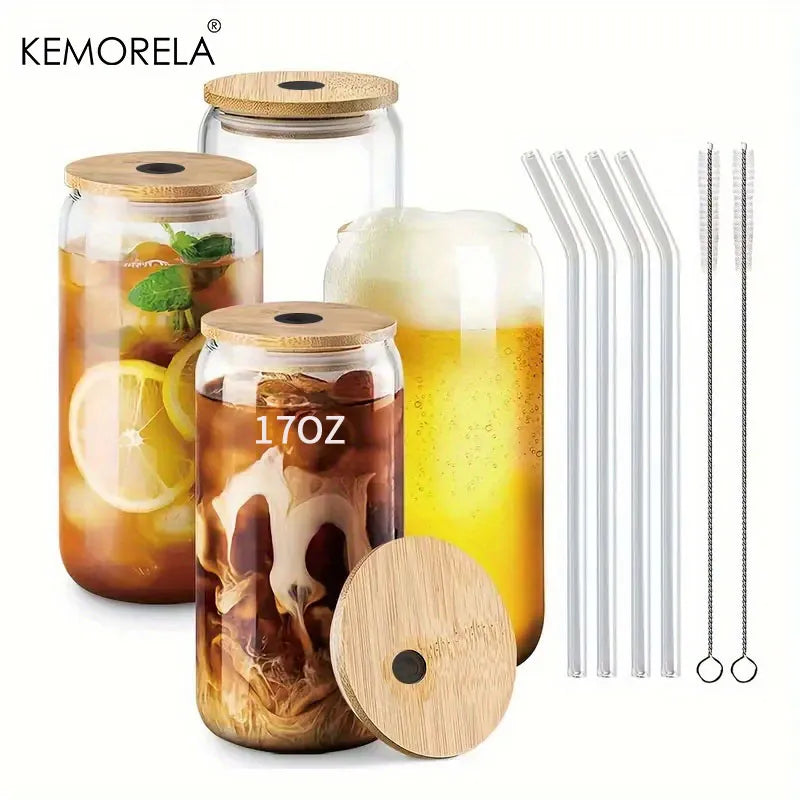 DecorBites™ 17oz Glass Tumbler Cups with Glass Straw - Set of 1/2/4
