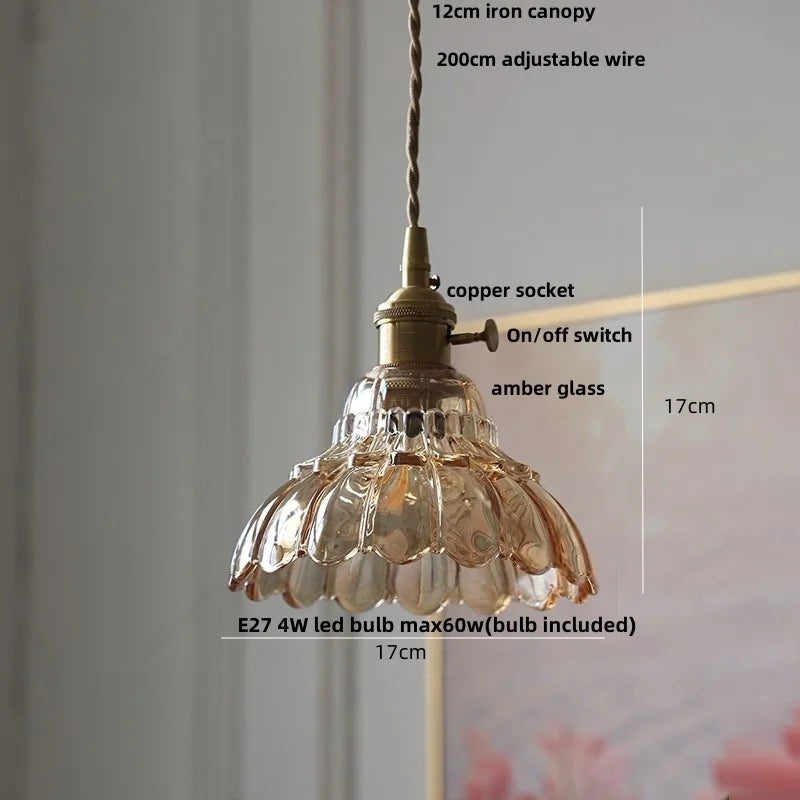 DecorBites™ Amber Flower Glass Pendant Lamp, Modern Nordic LED Hanging Light for Kitchen Living Room