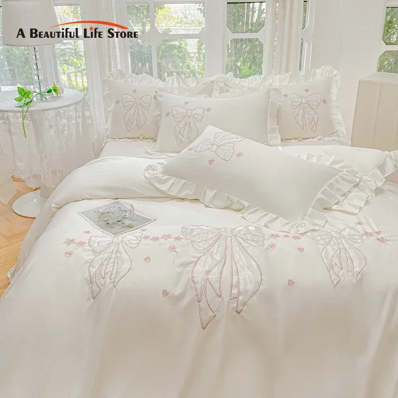 DecorBites™ Ice Silk Embroidered Ruffles Duvet Set with Cool & Skin-Friendly Feel