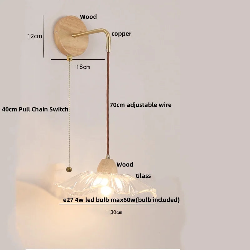 DecorBites™ Clear Glass LED Wall Lights with Wood Pull Chain Switch, Modern Art Bedside Lamp