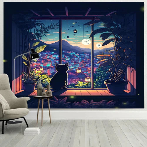 DecorBites™ نسيج حائط بتصميم نافذة أحلام للقطط للمناظر الطبيعية لغرف النوم والمعيشة
