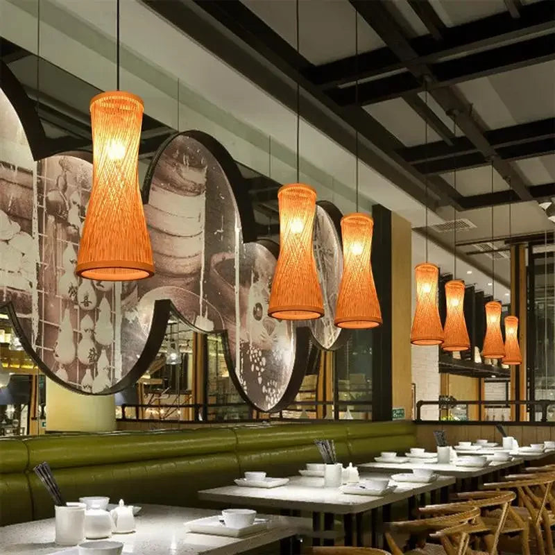 Japanese Bamboo Woven Pendant Light in Natural Finish
