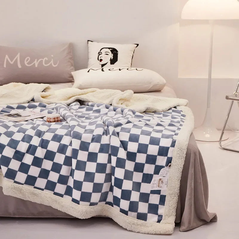 2024 DecorBites™ Checkerboard Lamb Fleece Blanket Cover - Premium Printed Blanket Series