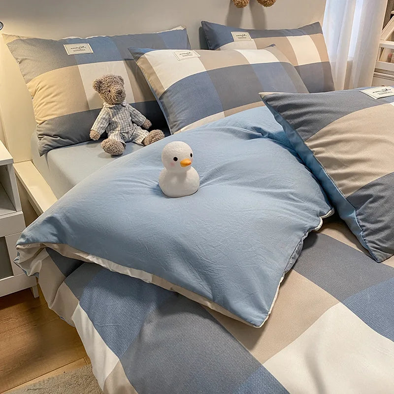 DecorBites™ Cozy Plaid Duvet Cover | Simple Nordic Comforter Cover | Non-Fading Washed Cotton Bedding
