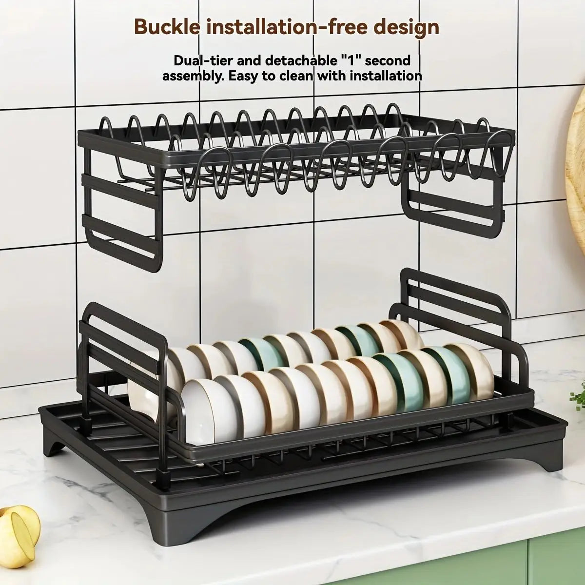DecorBites™ 2 Tier Dish Drying Rack with Storage Holder & Drainer for Kitchen Organizing