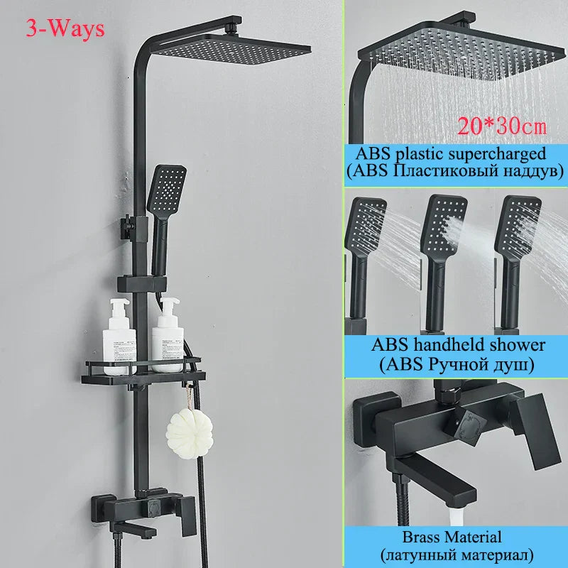 DecorBites™ Black Brass Shower Faucet Set with Rotatable Tub Spout and Rain Shower Column