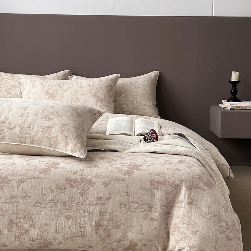 DecorBites™ Linen Cotton Jacquard Bedding Set with Duvet, Sheet, and Pillowcases