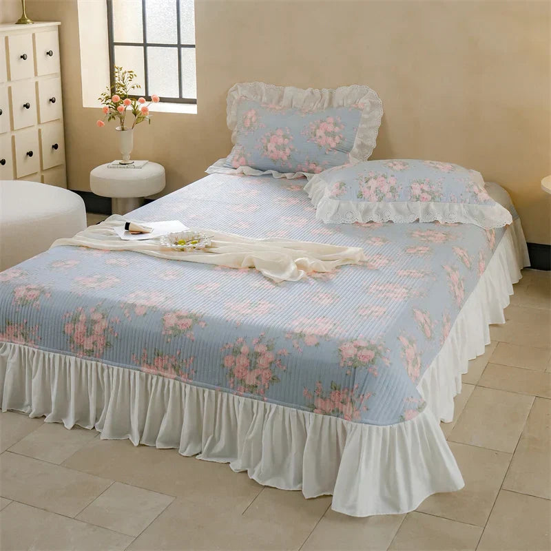 DecorBites™ Cotton Floral Ruffles Quilted Bedspread Set with Pillowcases