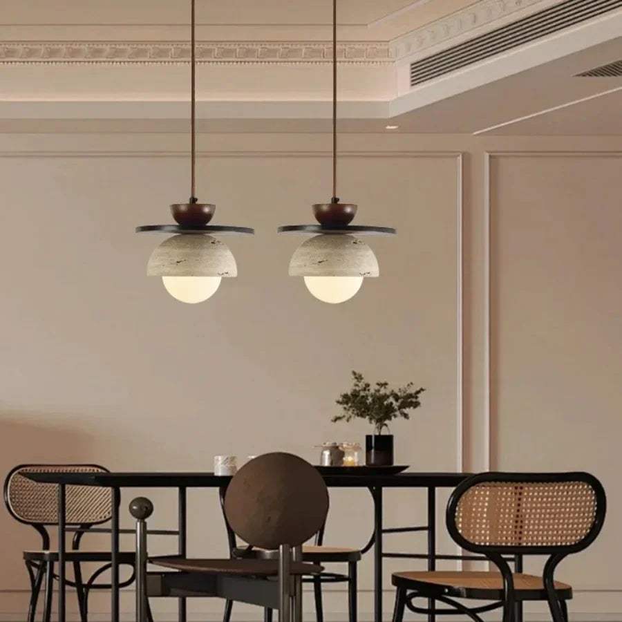 مصباح معلق LED زجاجي على شكل كرة من DecorBites™ لغرفة القهوة والمعيشة والطعام مع الخشب الطبيعي والحجر
