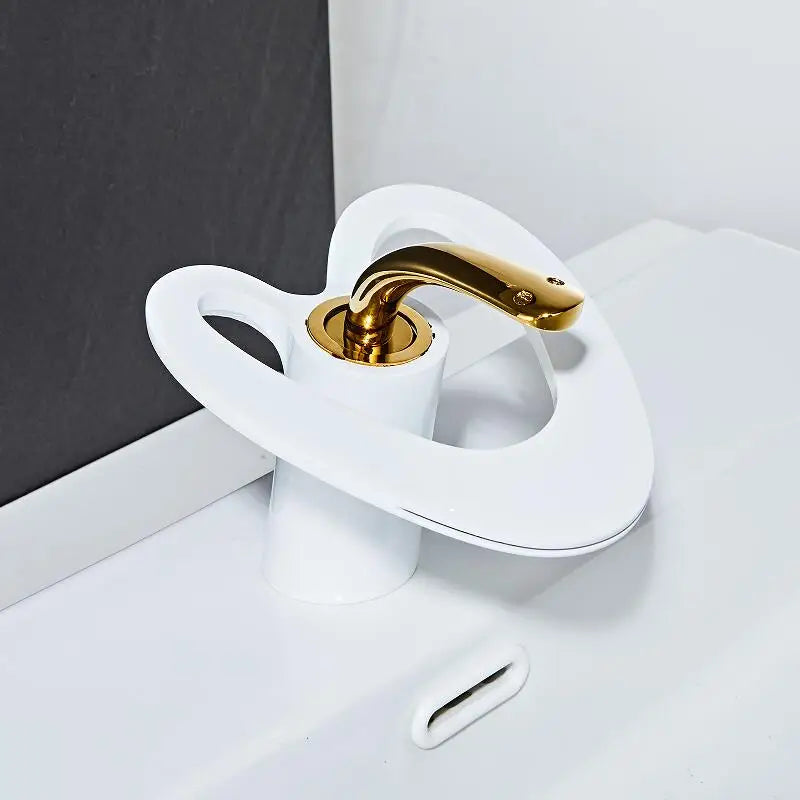 DecorBites™ Golden/White Basin Faucet: Black Brass Waterfall Sink Mixer Tap, Hot & Cold.