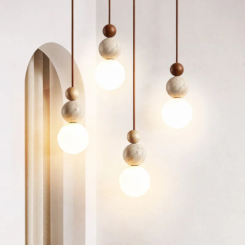 Cream Yellow Travertine And Wood Pendant Light
