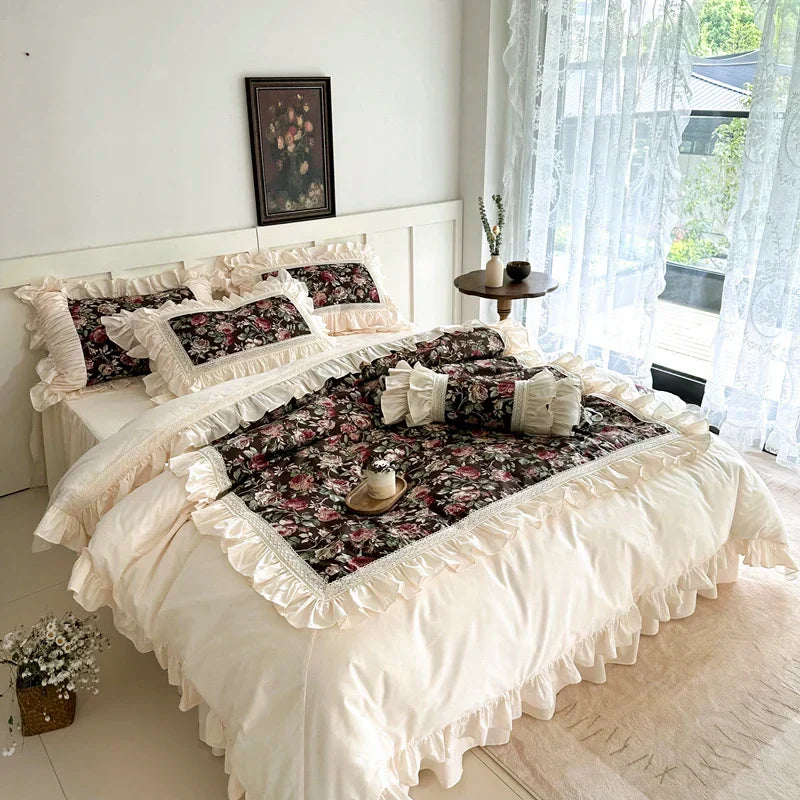 DecorBites™ French Rose Flowers Pattern Bedding Set, 100% Cotton, Ruffles, Duvet Cover, Bed Skirt