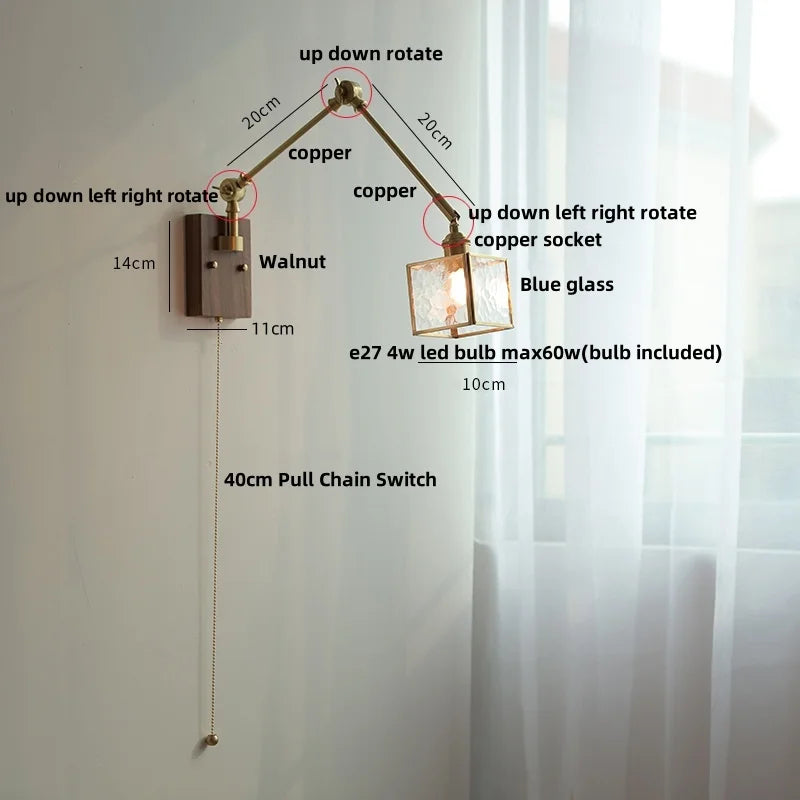 DecorBites™ Ash Wood LED Wall Lights Swing Arms Blue Glass Bedside Lamp