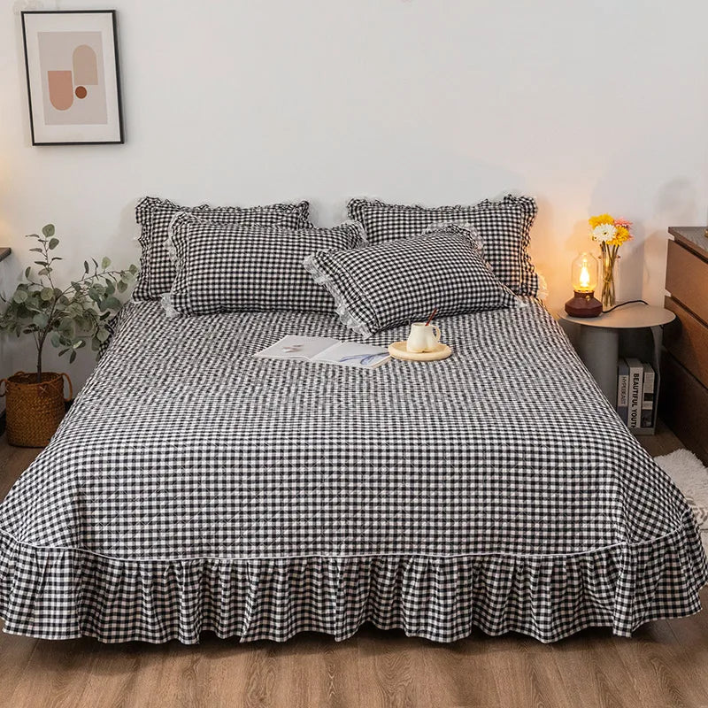 DecorBites™ Cotton Plaid Stripe Ruffles Bedding Set with Lace Accents