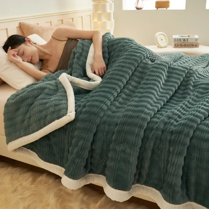 DecorBites™ Cozy Rabbit Plush Blanket: Soft Striped Warm Sofa Throw, Absorbent Breathable Nap Blanket