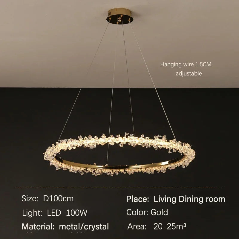 DecorBites™ ثريا كريستال ذهبية مستديرة | ثريا هالو LED فاخرة بنمط نورديك لغرفة المعيشة