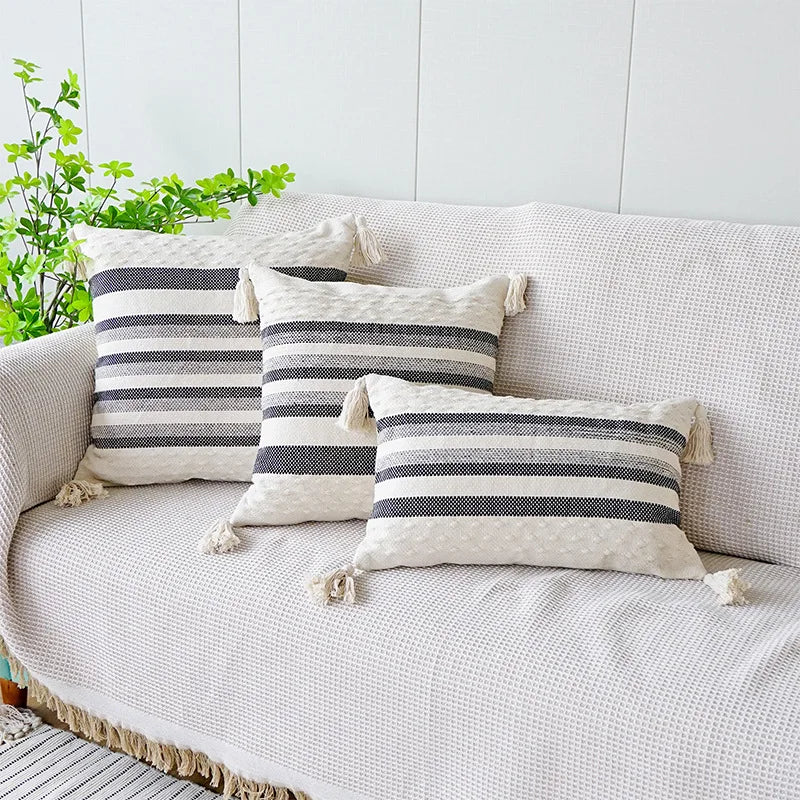 DecorBites™ Ivory Brown Coffee Black Stripe Pillow Case with Tassels 45x45cm 30x50cm 50x50cm