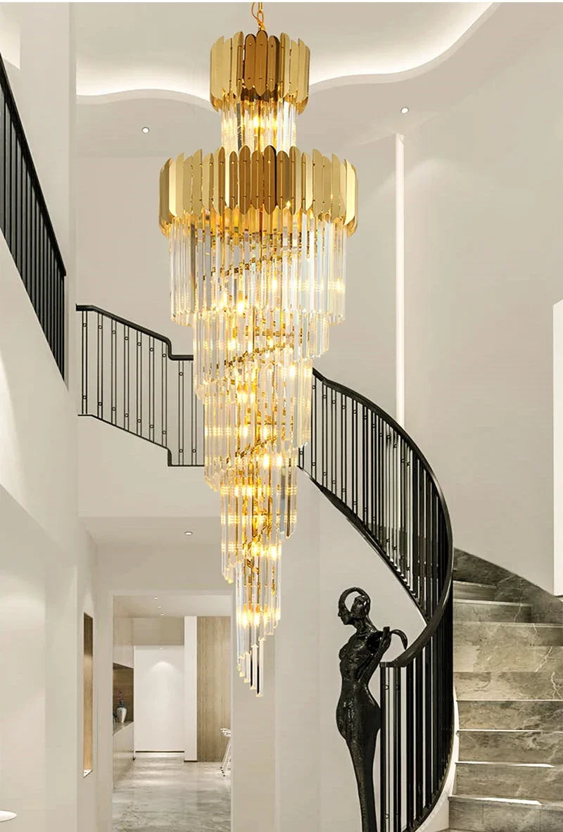 DecorBites™ Golden Luxury Spiral Crystal Chandelier for Multi-Story Staircases