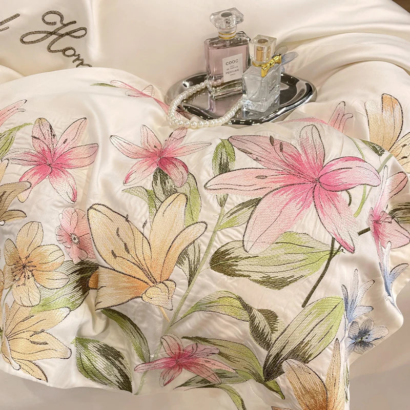 DecorBites™ Flowers Embroidery Silky Duvet Set with Comforter Cover & Fitted Sheet
