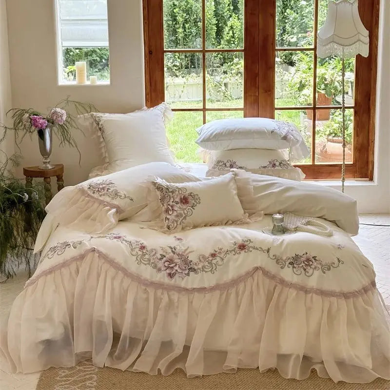 DecorBites™ Elegant Flowers Embroidery Lace Princess Wedding Bedding Set - 1200TC Cotton Duvet Cover