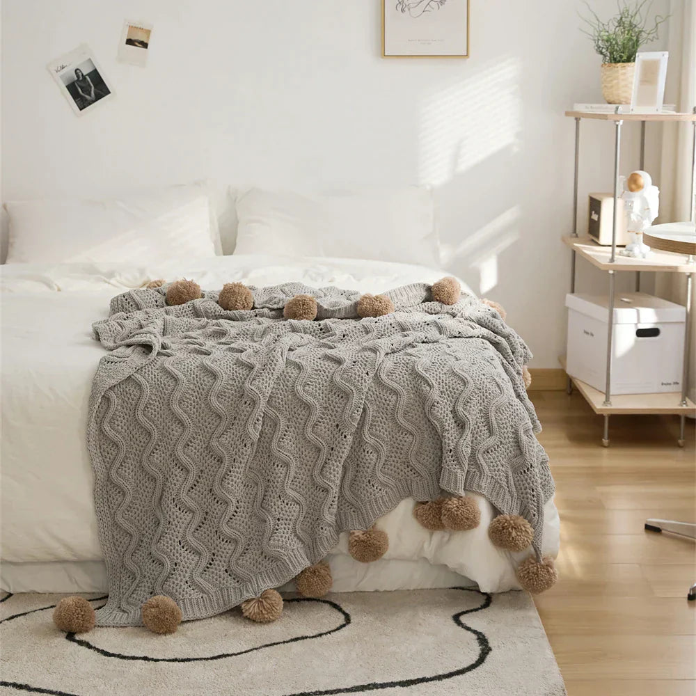 DecorBites™ Elegant Chenille Pompons Throw Blanket