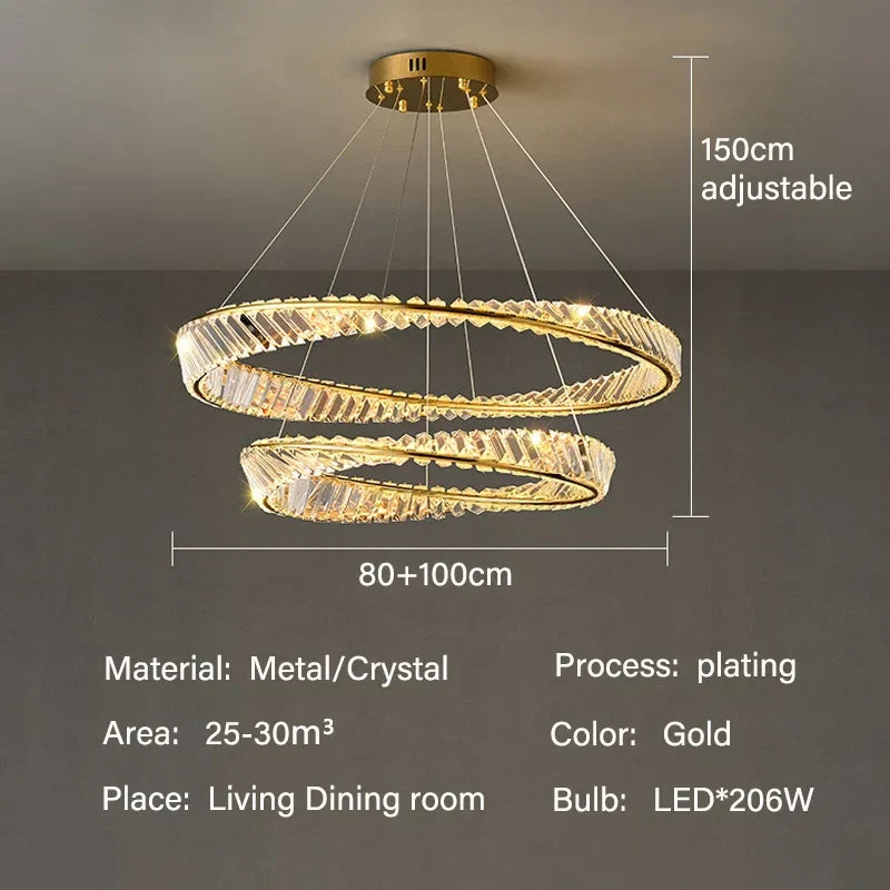 ثريا قلادة كريستال ذهبية بتقنية LED من DecorBites™ لإنارة غرف المعيشة والطعام الفاخرة والديكور