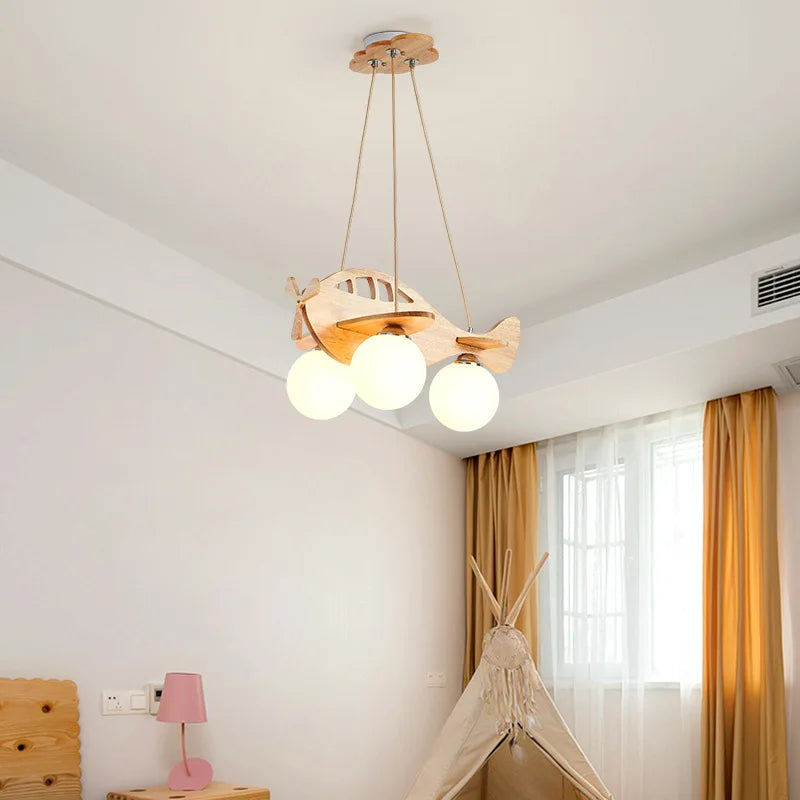 DecorBites™ Kids Wood Airplane Chandelier LED Suspension Light for Boy's Bedroom