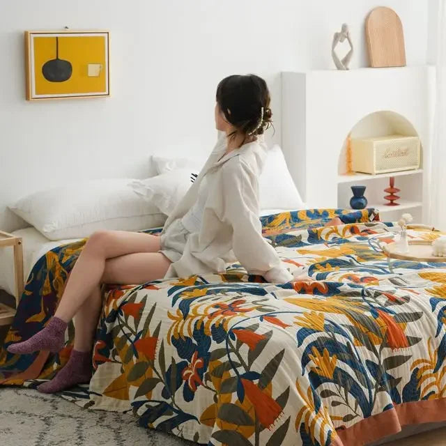 DecorBites™ Ethnic Cotton Blanket & Throw - Breathable Gauze Summer Quilt - Boho Decor Bedspread