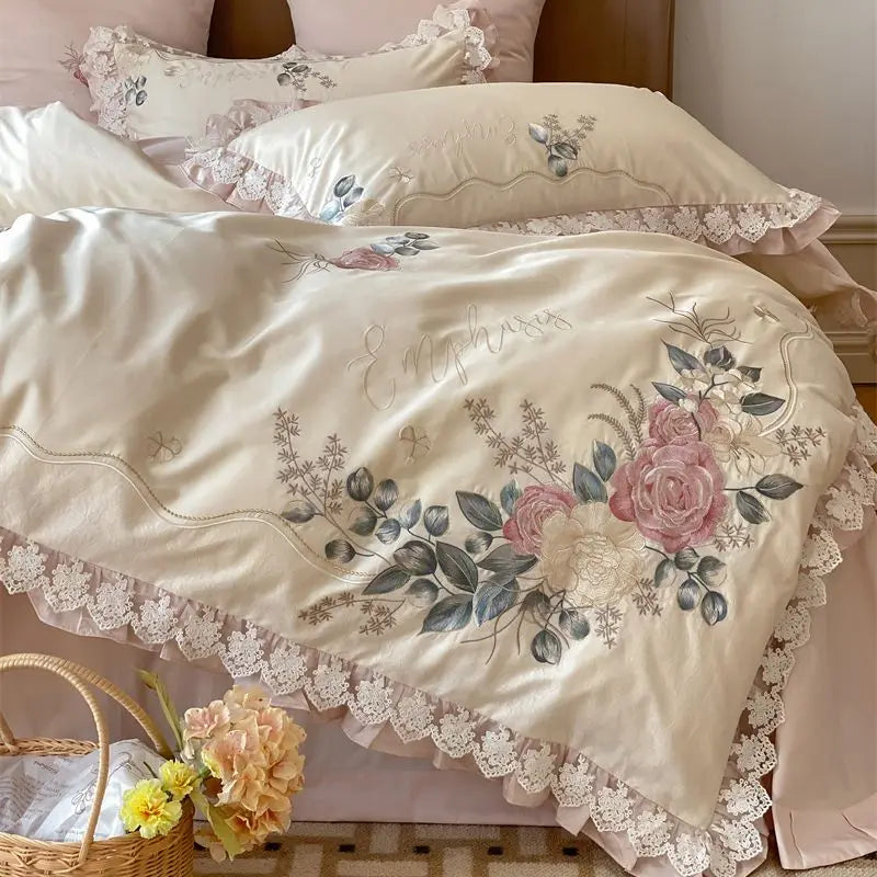 DecorBites™ French Princess 1000TC Cotton Bedding Set with Flowers Embroidery and Ruffles