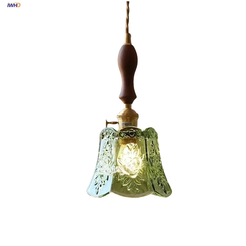مصباح معلق LED زجاجي أخضر DecorBites™ | خشب جوز نورديك حديث | مفتاح بمقبض نحاسي | إضاءة متدلية