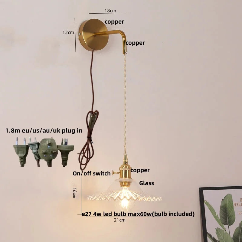 مصابيح جدارية نحاسية زجاجية DecorBites™ LED | مفتاح بسلسلة سحب | مصباح حمام قابل للتعديل