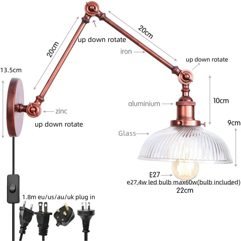 DecorBites™ Adjustable Glass Swing Arm LED Wall Sconce with Pull Chain Switch