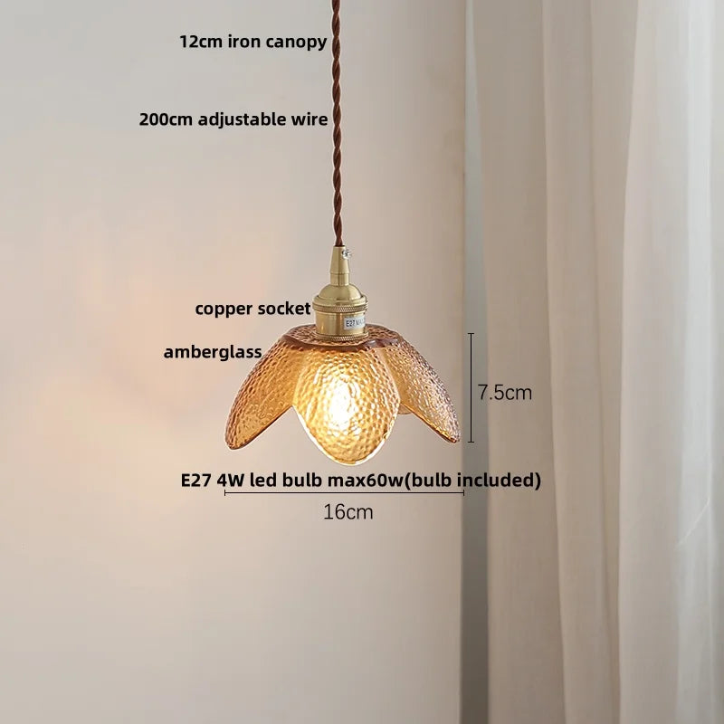 DecorBites™ Amber Glass LED Pendant Light Fixture Nordic Modern Copper Hanging Lamp
