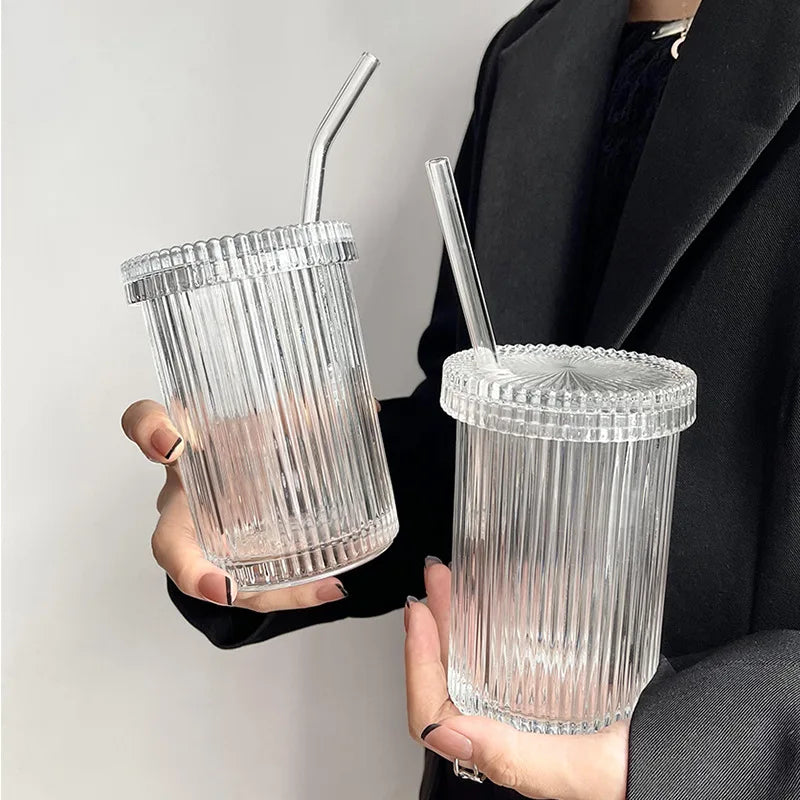 DecorBites™ Glass Straw Cup Set | Japanese Style Coffee Tea Milk Cup with Lid