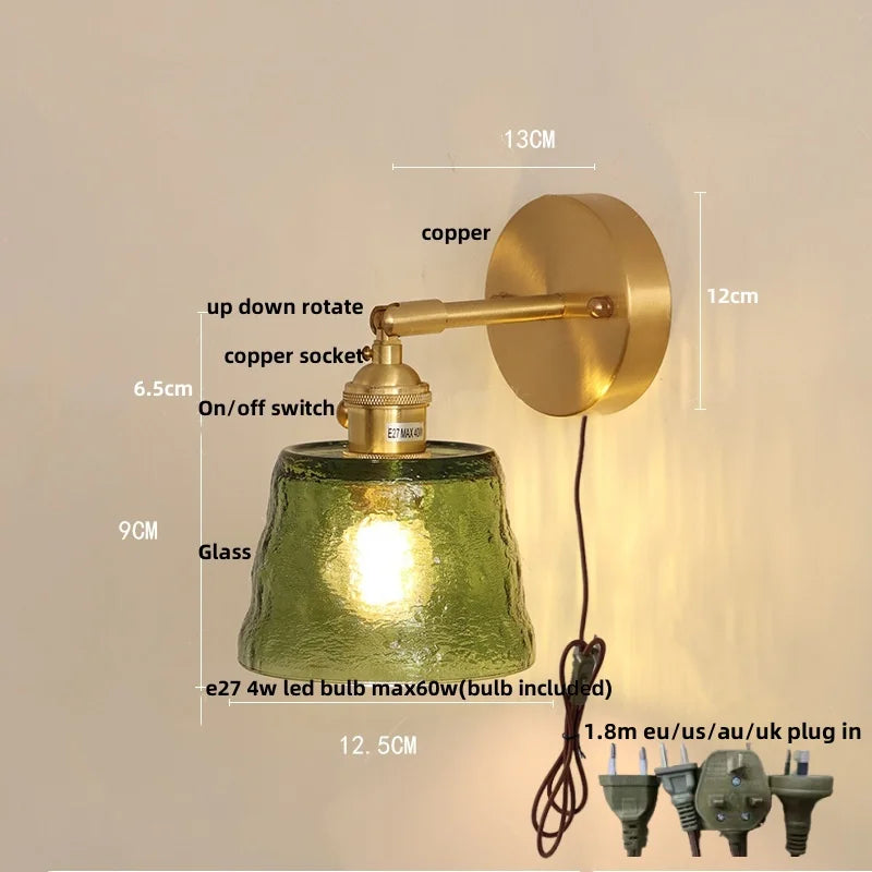 DecorBites™ Clear Glass LED Wall Lights Brass E27 Pull Chain Switch Bedside Lamp