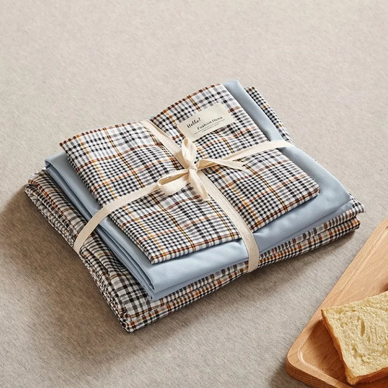طقم مفروشات سرير قطني بطبعة شبكية يابانية من DecorBites™ مقاس كوين/كينغ لنوم مريح