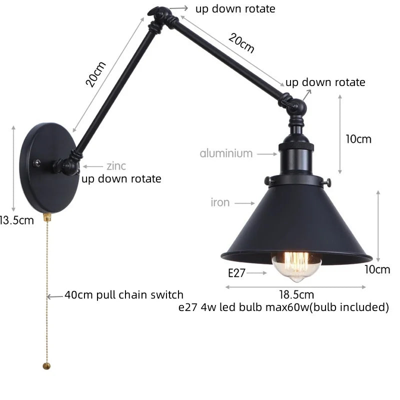DecorBites™ Gold Long Arm LED Wall Sconce with Pull Chain Switch, Adjustable Industrial Bedside Lamp