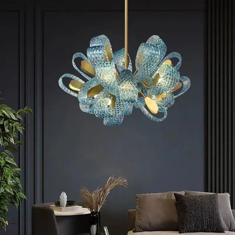 DecorBites™ ثريا سقف نحاسية على شكل ورقة شجر طاووس زرقاء بتصميم آرت ديكو بتقنية LED لغرفة المعيشة