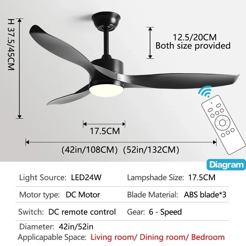 DecorBites™ 52" Black Ceiling Fan Light with Remote Control for Living Room, Restaurant, and Household