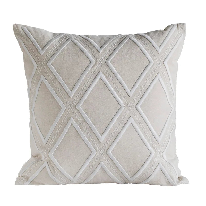 DecorBites™ Geometric Embroidery Cushion Cover Navy Blue White Yellow 50x50cm Home Decor Pillow
