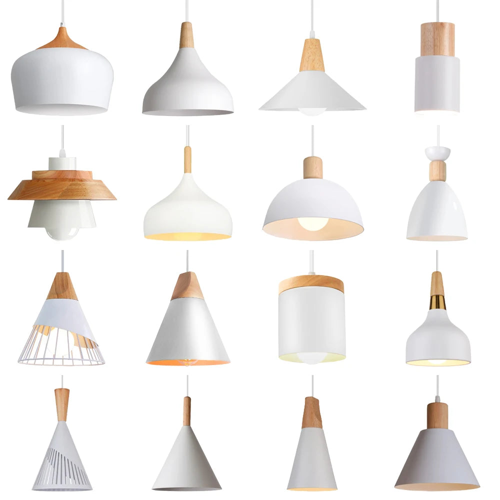 Nordic White Iron Pendant Light With Wood Accent
