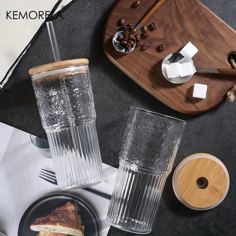 DecorBites™ 500ml Ribbed Glass Cup with Lid and Straw | Stylish Drinking Glass for Any Occasion