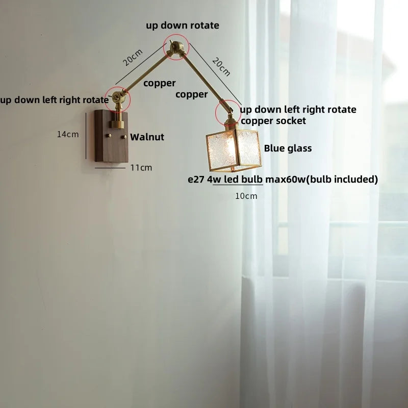 DecorBites™ Ash Wood LED Wall Lights Swing Arms Blue Glass Bedside Lamp