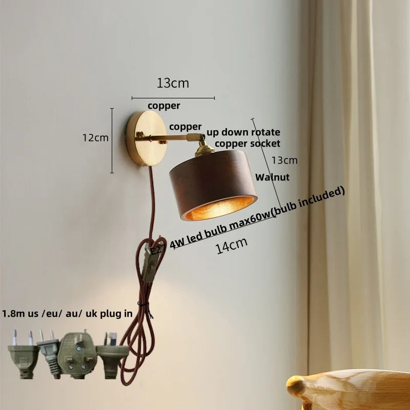 DecorBites™ LED Walnut Wood Wall Lamp Pull Chain Switch Modern Indoor Light