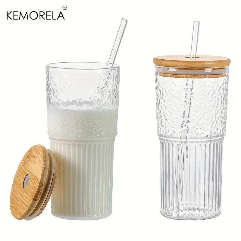 DecorBites™ 500ml Ribbed Glass Cup with Lid and Straw | Stylish Drinking Glass for Any Occasion