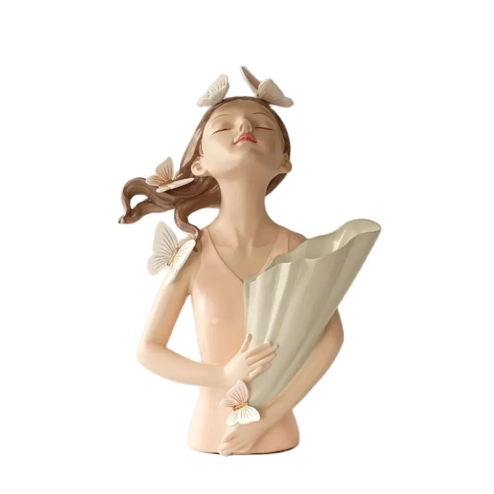 DecorBites™ 30cm Pink Butterfly Girl Vase Statue Modern Home Decor Resin Figurines